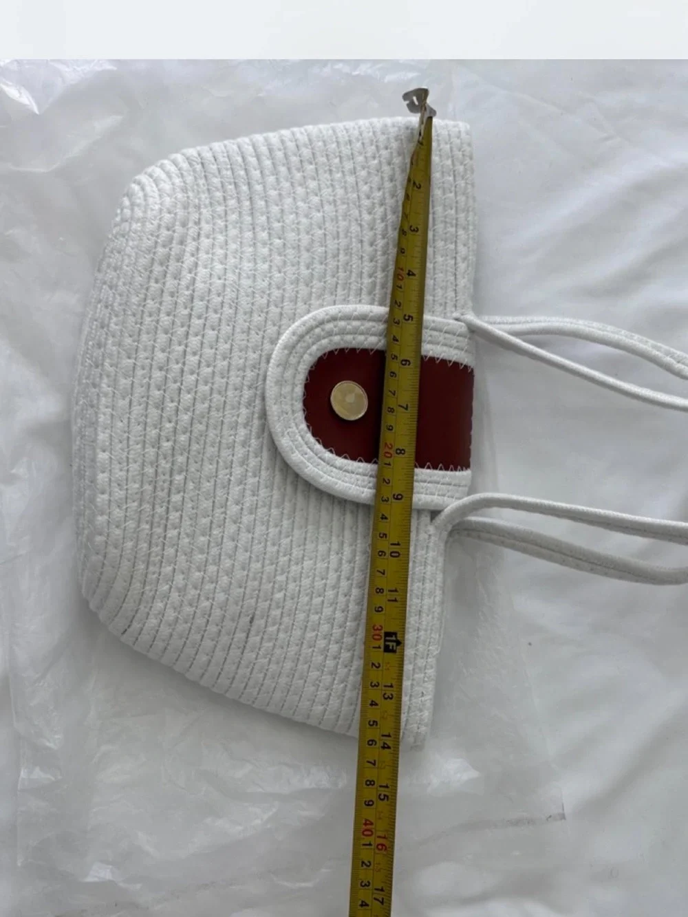 White Woven Tote Bag with Red Accent